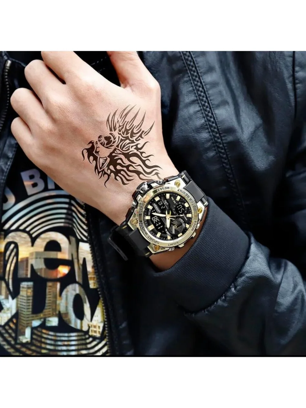 Men's Gold Analog Quartz Sports Outdoor Waterproof Military LED Digital Watch